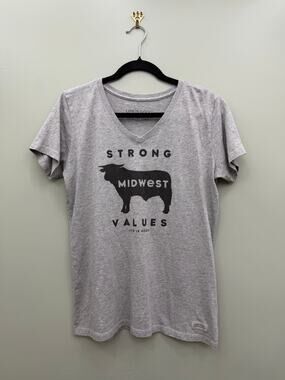 Life Is Good Strong Midwest Values Cow Graphic V Neck Crusher Tee Gray Medium